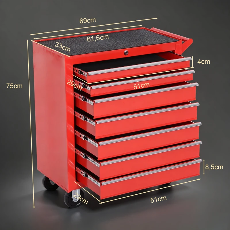 DURHAND Carrello Porta Attrezzi con 7 Cassetti, Tappetini in EVA, Serratura e 2 Chiavi, Ruote con Freno, Maniglia, Rosso