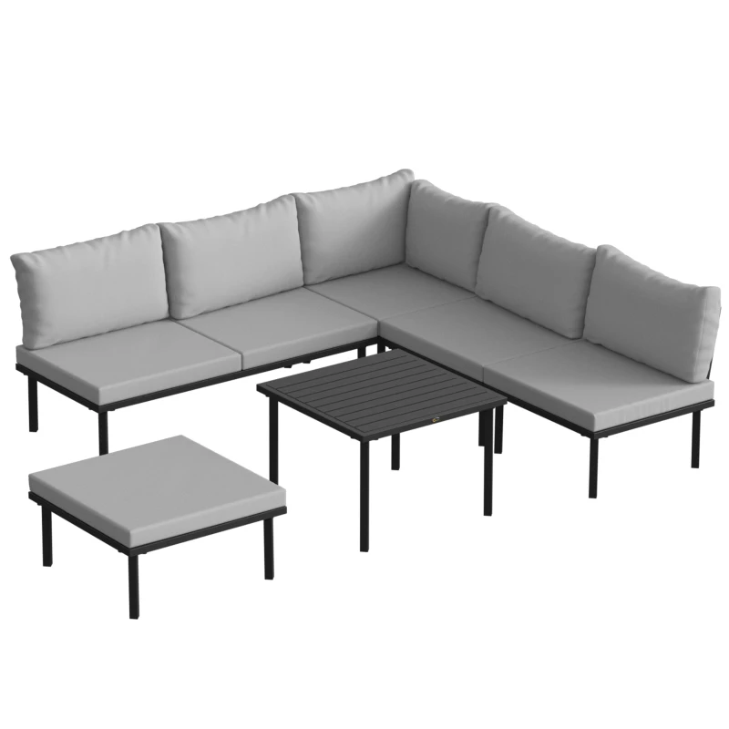 Outsunny Lounge Tuinmeubelset 5-6 Personen Tuinlounge Set met 2-zits Tuinbank, 2 Stoelen, Hoekstoel, Lamellen-tafel, Voetenbank