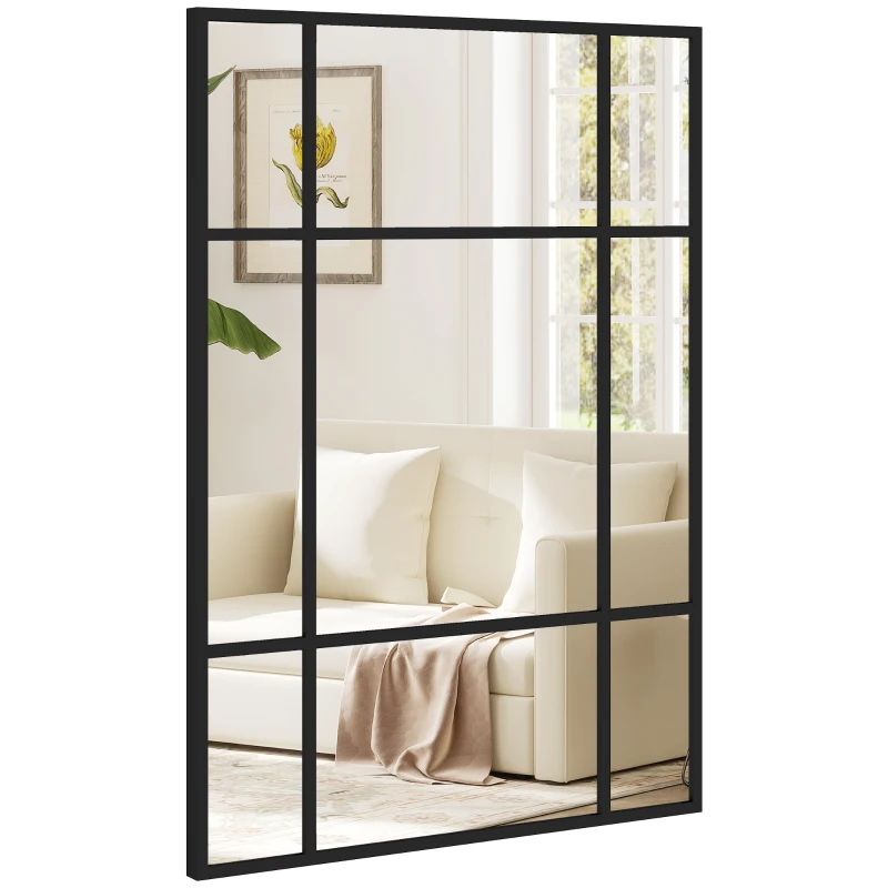 HOMCOM Miroir mural verrière rectangulaire style fenêtre, horizontal ou vertical avec 4 crochets, en métal noir - 50x70 cm