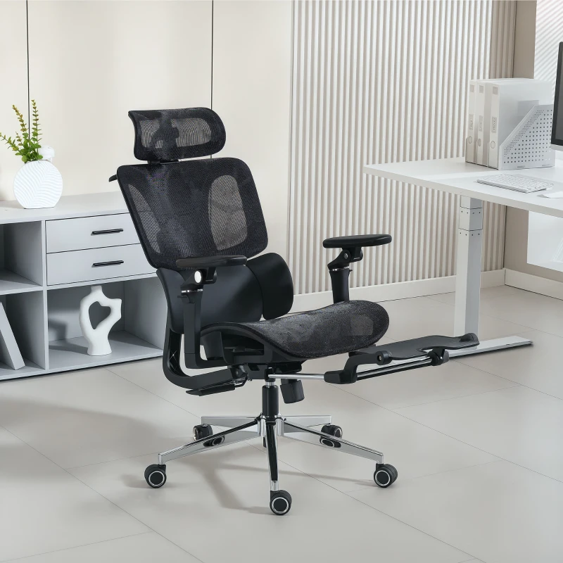 HOMCOM Scaun de Birou Ergonomic din Plasă cu Cotiere, Tetieră, Spătar Reglabil, Funcție Legănare, Negru