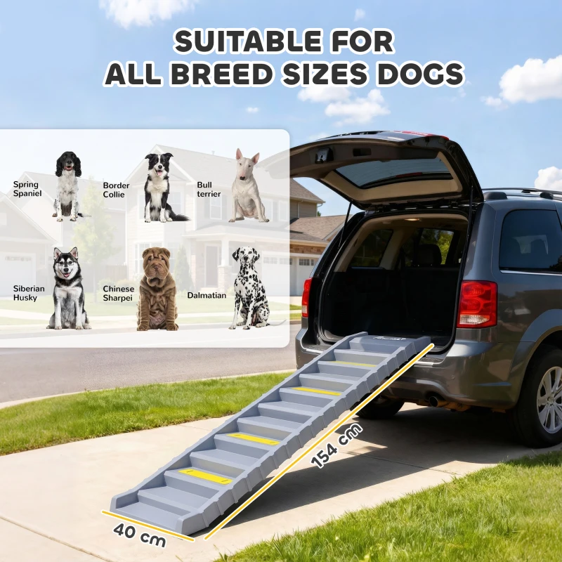 PawHut Dog Car Ramp with Anti-Slip Steps, 10-Steps Pet Stairs for Pets to Access Cars and High Beds, Grey
