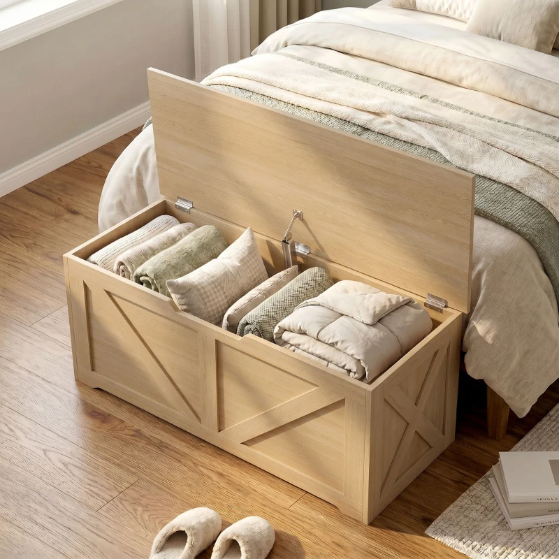 HOMCOM Storage chest, storage bench with flip-top lid and safety hinges, 80 x 40 x 45 cm, natural