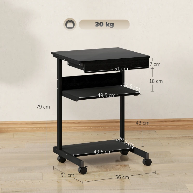HOMCOM Roll-Schreibtisch mit Schublade und Regalen, 4 Räder, kompakt, Spanplatte, Metall