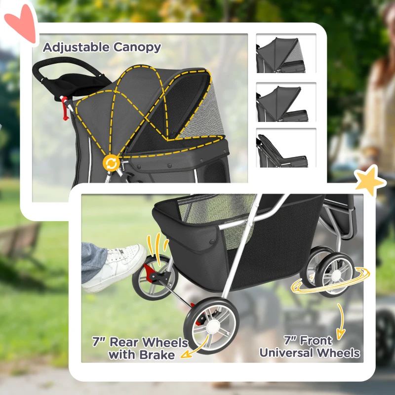 PawHut Dog Stroller, 3 Wheels Foldable Pet Stroller with Adjustable Canopy, Storage Basket for Small Mini Breeds, Dark Grey