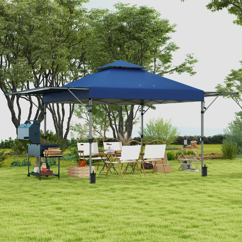 Outsunny Gazebo Pieghevole 5x3m con Pareti Estensibili, Altezza Regolabile e Borsa con Ruote, Blu