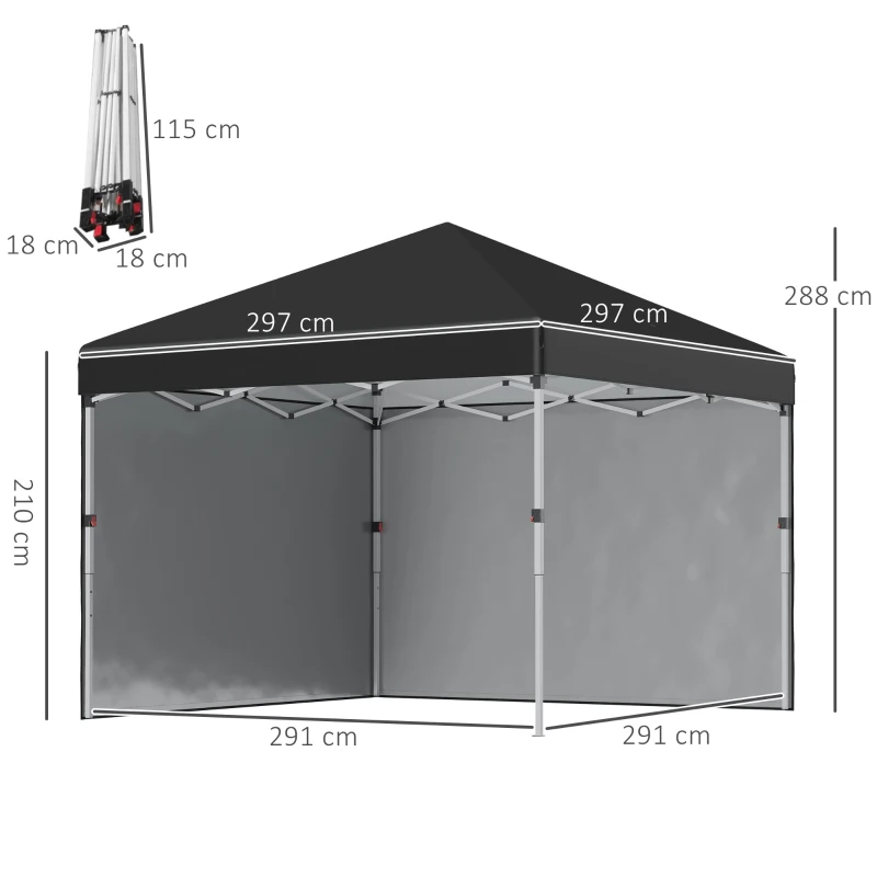 Outsunny Opvouwbare paviljoen met 2 zijwanden, verstelbare hoogte, inclusief draagtas, roestvrij stalen frame, 3x3 m, Zwart