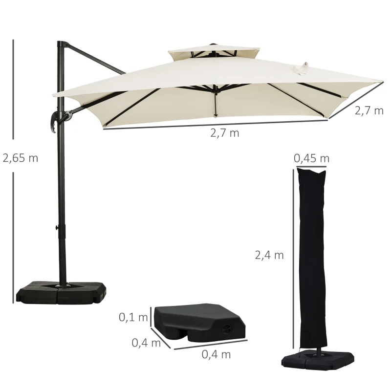Outsunny Ombrellone a Sbalzo a Doppia Copertura con Manovella, Base a Croce e Pesi, 268x268x265 cm, Beige