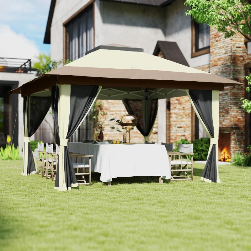 Outsunny Cenador Plegable 3,6x3,6 m con Laterales de Malla UPF50+ Altura Ajustable Bolsa con Ruedas y Bolsas de Arena Crema