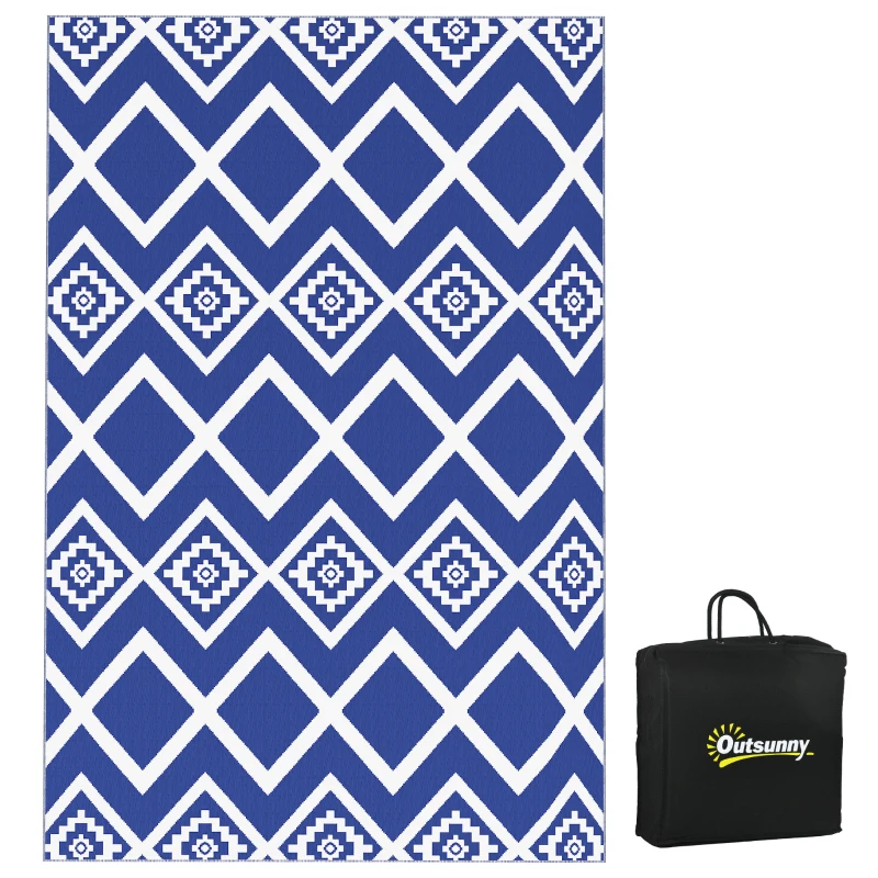 Outsunny Terrasvloerkleed voor buiten, weerbestendig, modern ontwerp, 182 cm x 274 cm x 0,3 cm, Blauw + Wit
