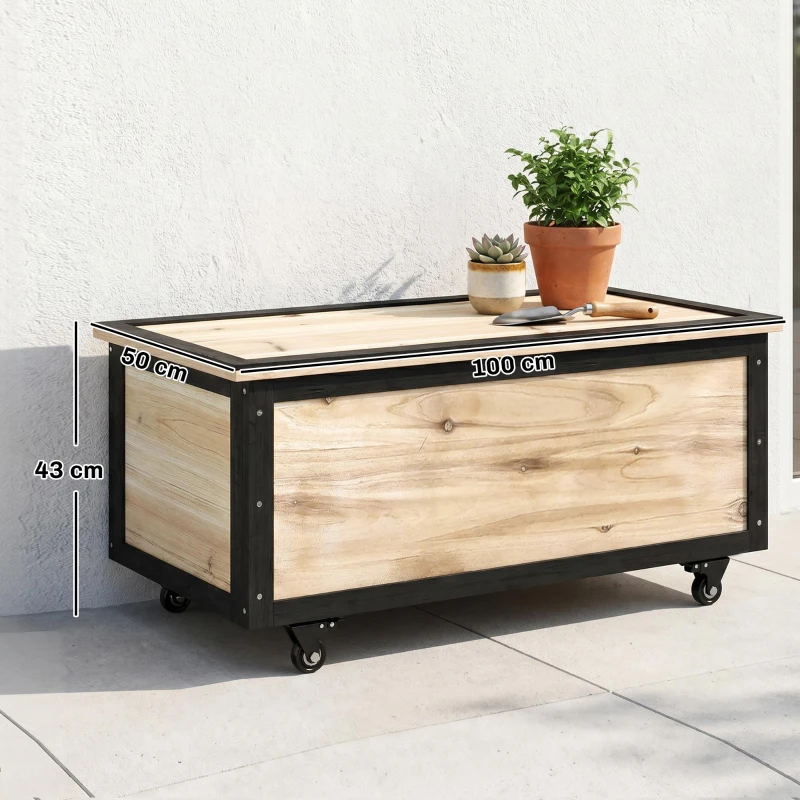 Outsunny Bancă de depozitare 121L cu 4 roți și mânere, din lemn și oțel, 100x50x43cm, culoare lemn