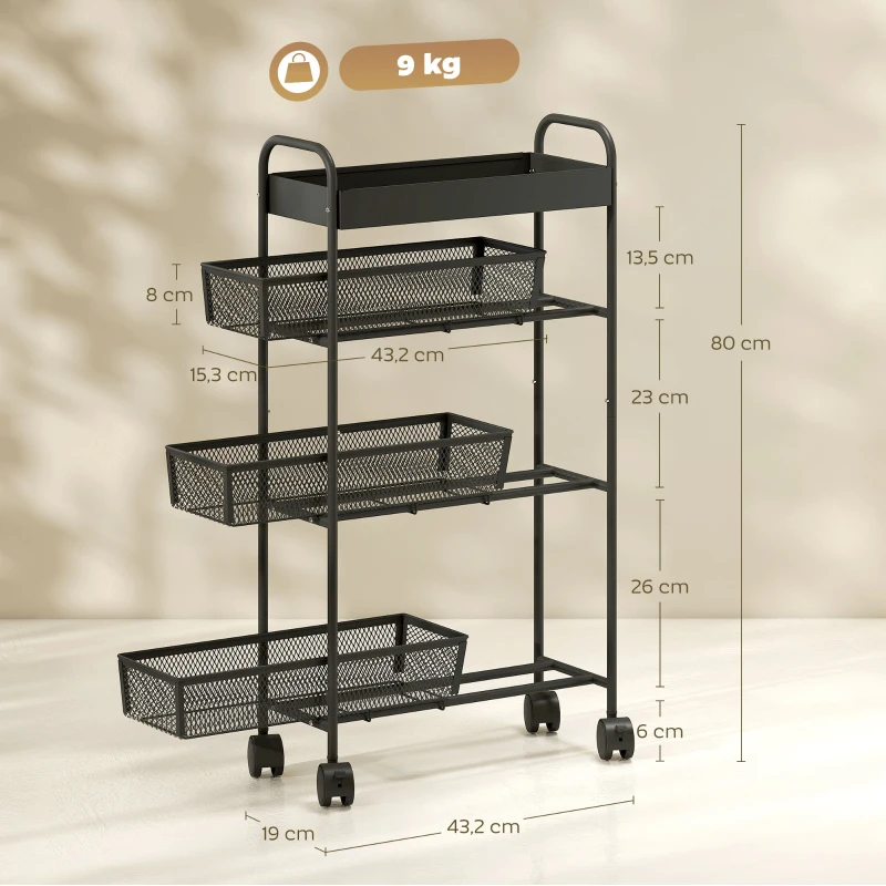 HOMCOM Chariot de rangement à 4 niveaux, desserte à roulettes, 3 paniers coulissants, panier supérieur 19 x 43,2 x 80 cm noir