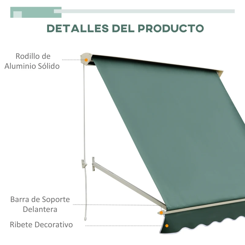Outsunny Toldo Manual Retráctil de Aluminio Toldo para Exterior Toldo de Balcón Ángulo Ajustable Impermeable Anti-UV Tela de Poliéster 180x70cm Verde