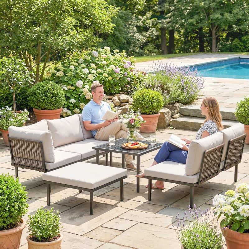 Outsunny Lounge Tuinmeubelset 5-6 Personen Tuinlounge Set met 2-zits Tuinbank, 2 Stoelen, Hoekstoel, Lamellen-tafel, Voetenbank