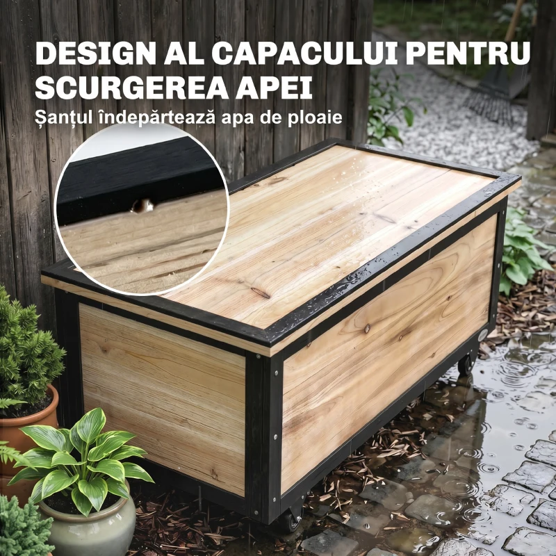 Outsunny Bancă de depozitare 121L cu 4 roți și mânere, din lemn și oțel, 100x50x43cm, culoare lemn
