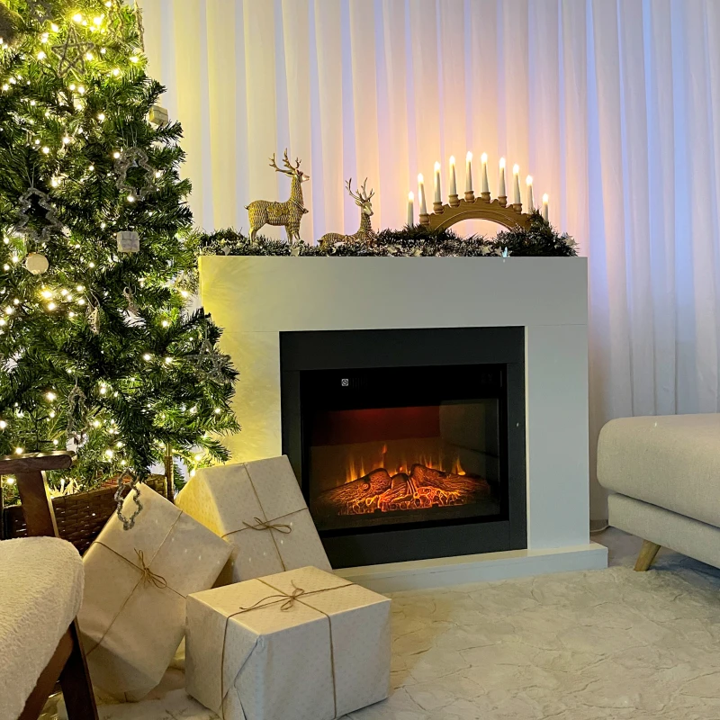 HOMCOM Chimenea Eléctrica 1800W-2000W con Mando a Distancia Llama Ajustable Termostato Temporizador Semanal para 37 m² Blanco