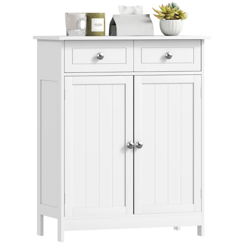 kleankin 75x60cm Freestanding Bathroom Storage Cabinet Unit w/ 2 Drawers Cupboard Adjustable Shelf Metal Handles Traditional Style White