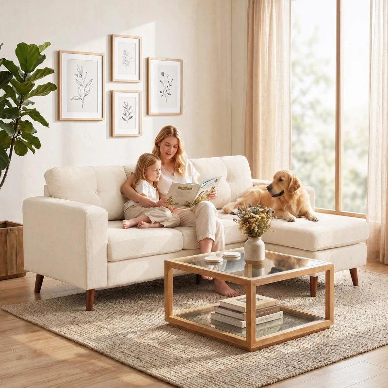 HOMCOM Ecksofa 192 cm L-Form 3-Sitzer Sofa mit umkehrbarer Chaiselongue, Cord-Optik, für kleinen Raum, Cremeweiß