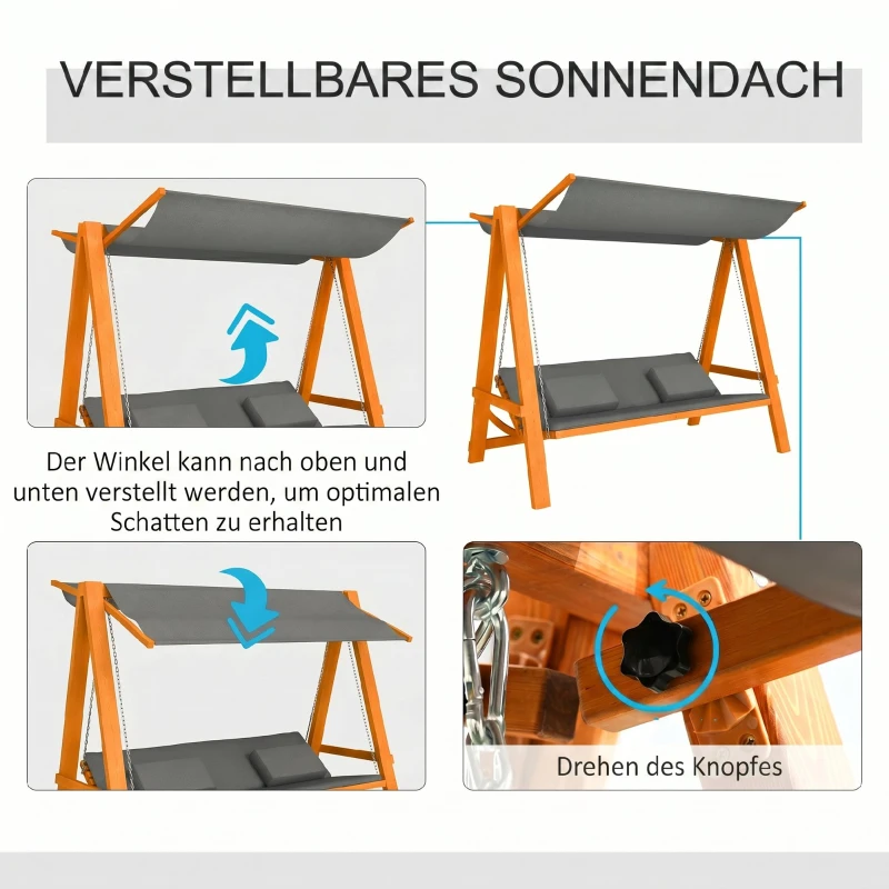 Outsunny Hollywoodschaukel mit Bettfunktion 3-Sitzer Gartenschaukel Lärche mit verstellbarem Sonnendach 225,5 x 130 x 180 cm