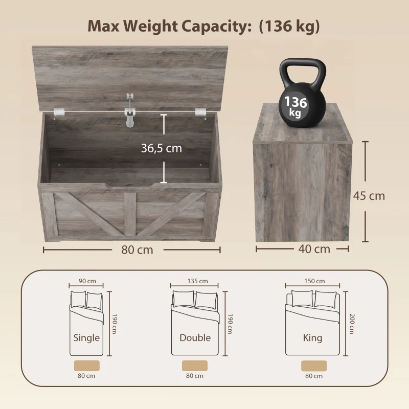 HOMCOM Panca contenitore con coperchio ribaltabile e cerniere di sicurezza, 80x40x45 cm, grigio