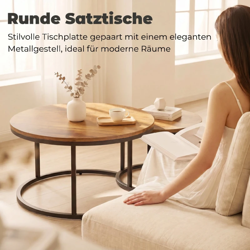 HOMCOM Rundes Couchtisch-Set, 2-teilig, Industrielle Beistelltische mit Metallrahmen für Wohnzimmer und Schlafzimmer, Braun