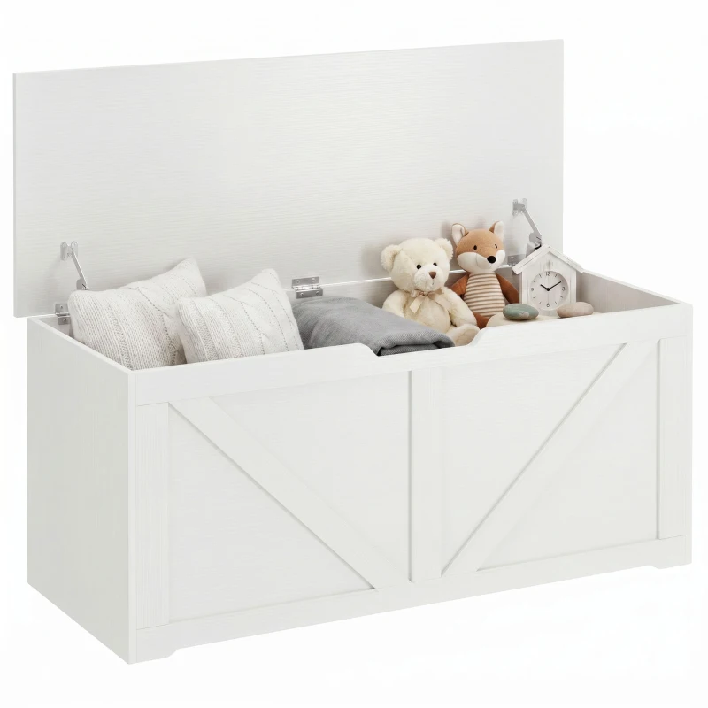 HOMCOM Coffre de rangement 100 cm avec 2 charnières de sécurité, Blanc effet bois