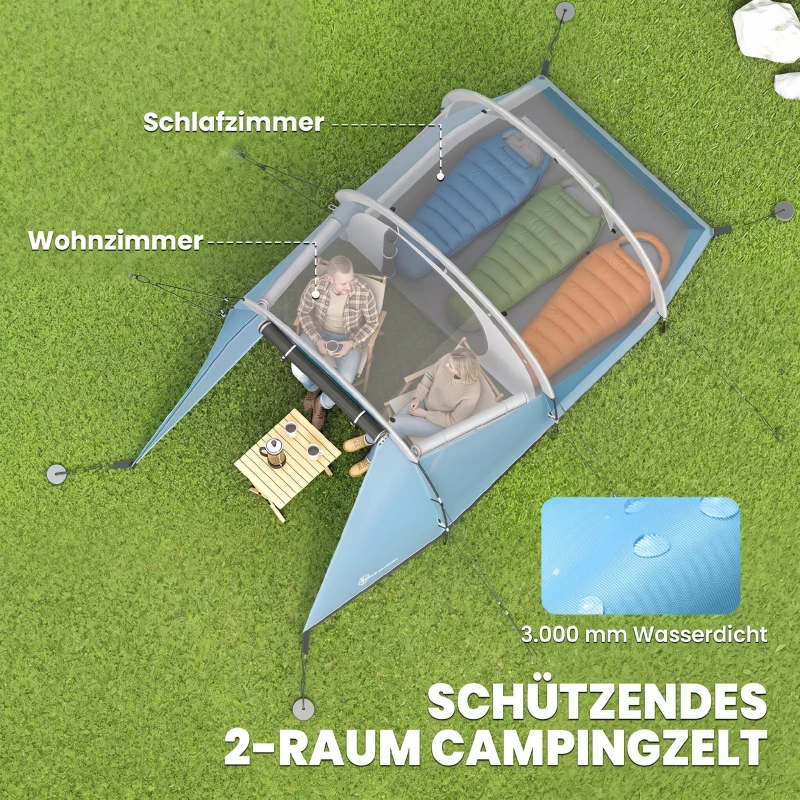 Outsunny Campingzelt für 3 Personen, separate Wohn- & Schlafräume, 460L x 260B x 190H cm, Blau