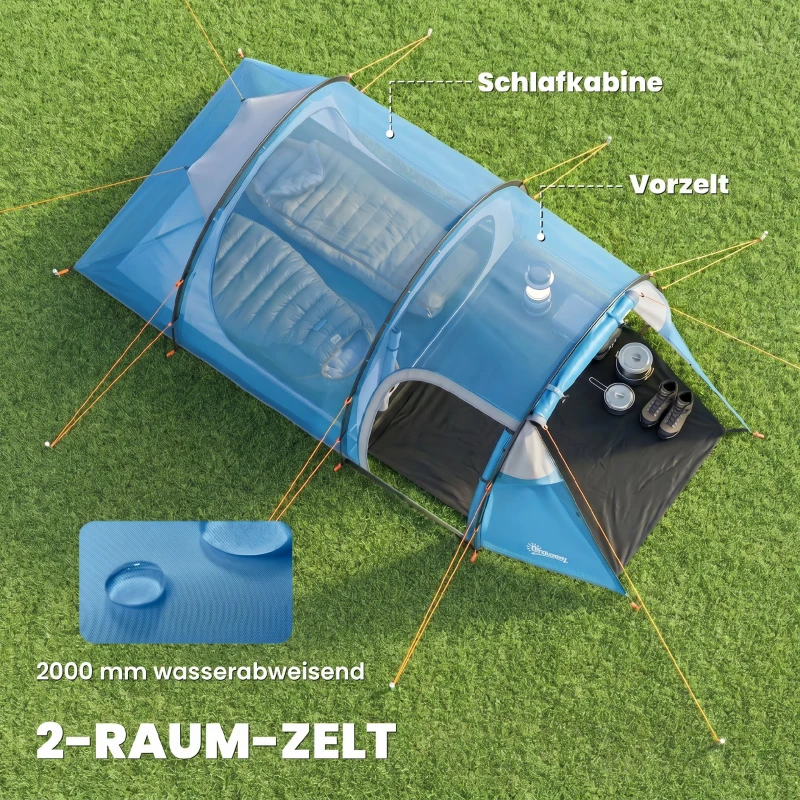 Outsunny Campingzelt, Wurfzelt für 2 Personen, Vorraum & Schlafbereich, wasserdicht, 426 x 206 x 154 cm, Hellblau