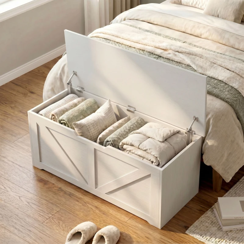 HOMCOM Coffre de rangement 100 cm avec 2 charnières de sécurité, Blanc effet bois