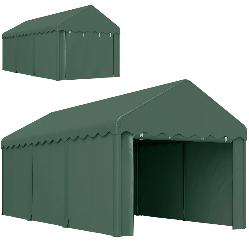Outsunny 3x6 m draagbare Carport, voertuigoverkapping met 2 ingangen, polyesterdak, voor auto's, boten, tuingereedschap, donkergroen