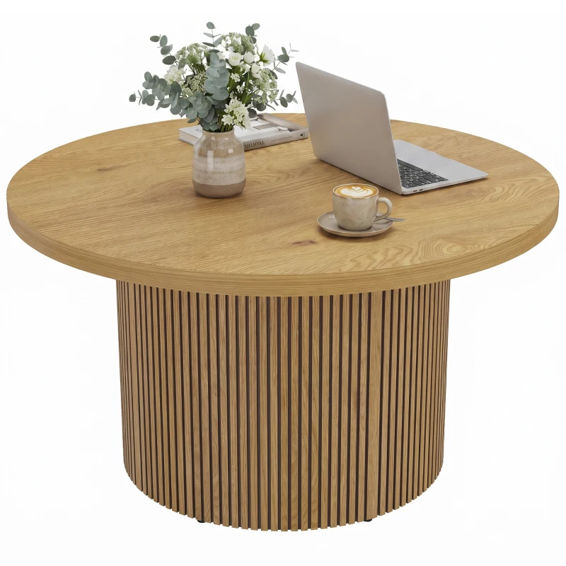 HOMCOM Runder Couchtisch aus Holz, Wohnzimmertisch mit geripptem Fuß, moderner Stil, Naturholz-Optik