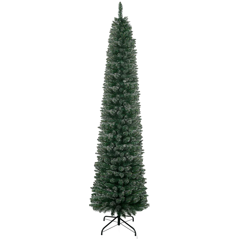 HOMCOM verschneiter Slim-Weihnachtsbaum mit 624 Zweigen, abnehmbare und klappbare Basis, Ø56x225cm, Grün