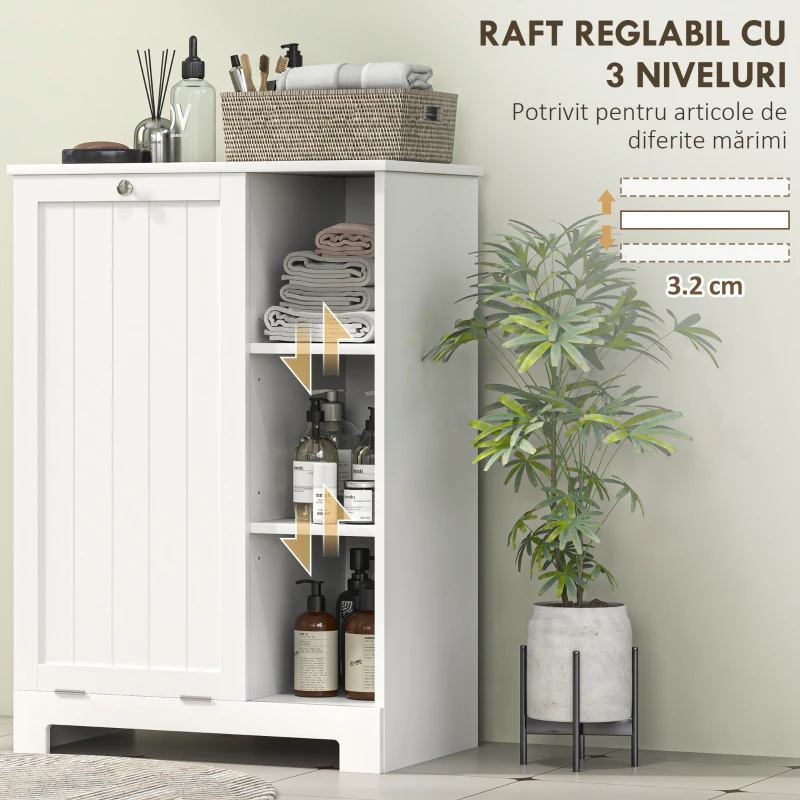 HOMCOM Dulap de baie pentru rufe cu coș detașabil și rafturi reglabile, 60x38x86 cm, alb(m-6)
