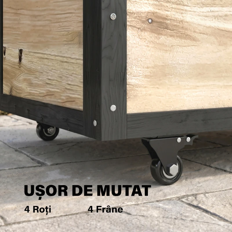 Outsunny Bancă de depozitare 121L cu 4 roți și mânere, din lemn și oțel, 100x50x43cm, culoare lemn