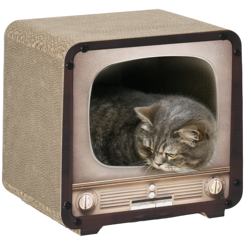 PawHut Griffoir pour Chat 2 en 1 en Forme de Téléviseur, Maison et Tapis à Griffer en Carton Ondulé, 39x29x37cm, Marron