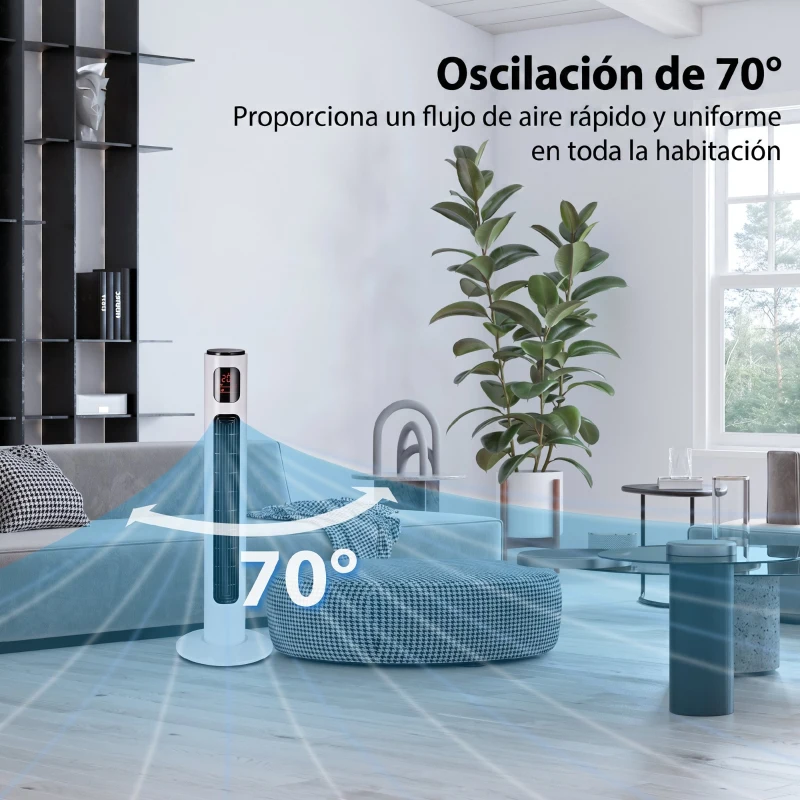 HOMCOM Ventilador de Torre Silencioso 45W con Control Remoto 3 Velocidades 3 Modos Temporizador 10H Oscilación 70° Blanco