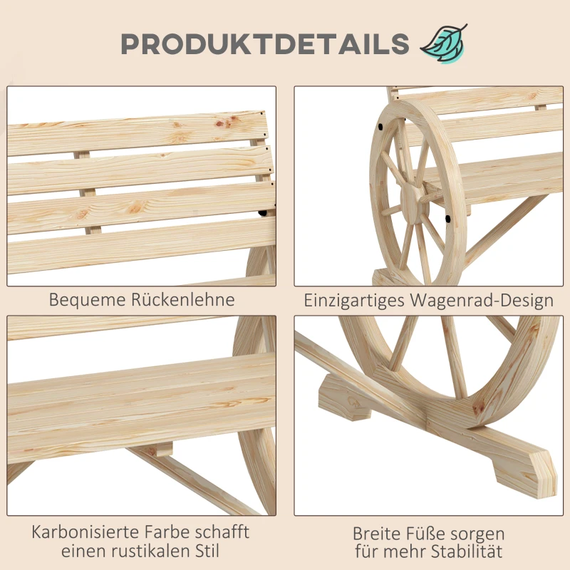 Outsunny Gartenbank, Wagenrad-Design, für 2 Personen, Naturholz, dunkelbraun, 105,5 x 56 x 79 cm, Natur