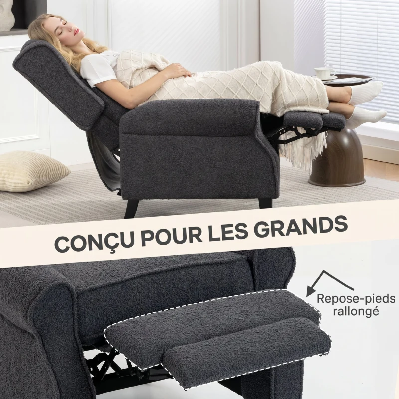 HOMCOM Fauteuil relax inclinable en polaire Teddy, fauteuil de relaxation avec repose-pieds extensible, assise rembourrée, gris
