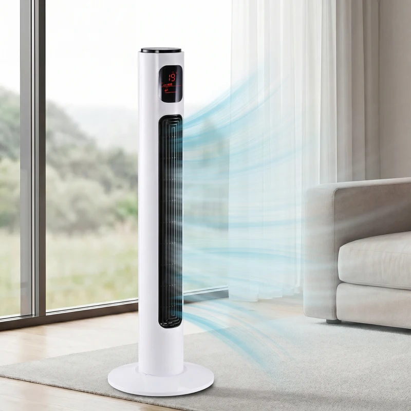 HOMCOM Ventilador de Torre Silencioso 45W con Control Remoto 3 Velocidades 3 Modos Temporizador 10H Oscilación 70° Blanco