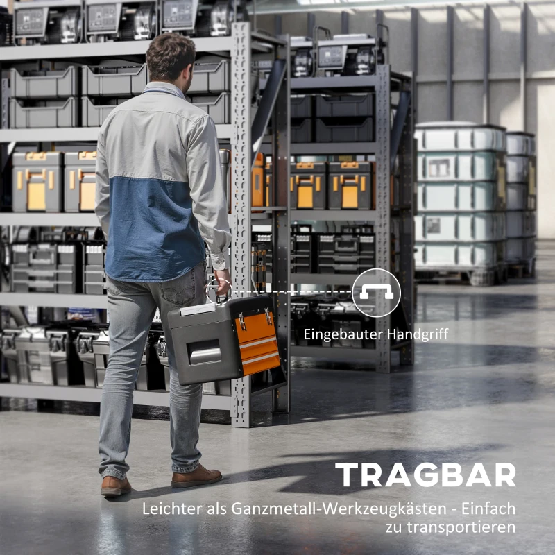 HOMCOM Gereedschapskist ongevuld, 49,7 x 25,3 x 28,9 cm gereedschapskist met lade, mini-box van staal, Oranje