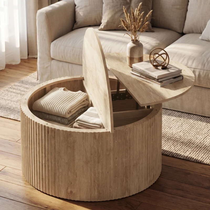 HOMCOM Höhenverstellbarer Couchtisch, Wohnzimmertisch mit verstecktem Fach und Soft-Close Klappplatte, Naturholz