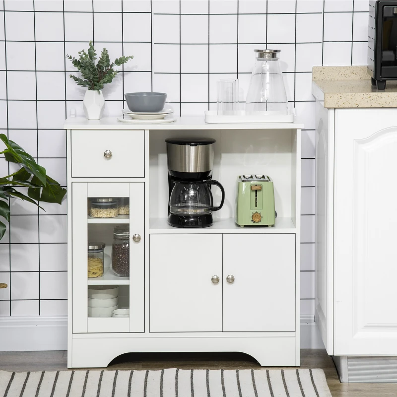 HOMCOM Aparador Moderno com Porta de Vidro Gaveta Prateleira Aberta e Prateleiras Ajustáveis Móvel Auxiliar 80x30x82cm Branco