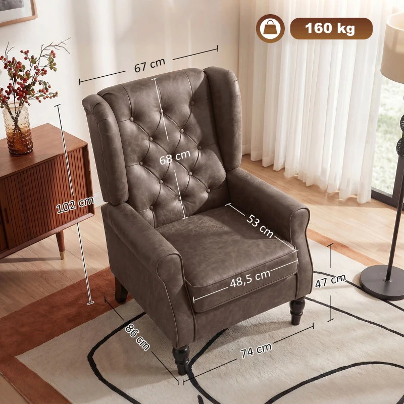 HOMCOM Fauteuil de Chambre en Cuir PU avec Assise Large, Accoudoirs et Pieds en Bois d'Eucalyptus, Marron