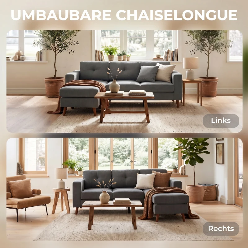 HOMCOM Ecksofa 192 cm L-Form 3-Sitzer Sofa mit umkehrbarer Chaiselongue, Cord-Optik, für kleinen Raum, Dunkelgrau
