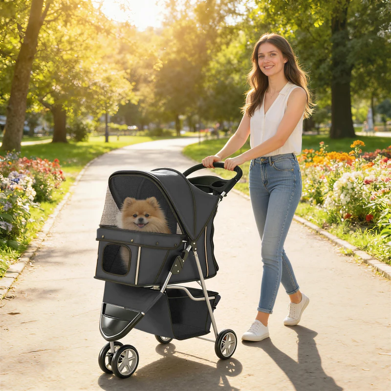 PawHut Dog Stroller, 3 Wheels Foldable Pet Stroller with Adjustable Canopy, Storage Basket for Small Mini Breeds, Dark Grey