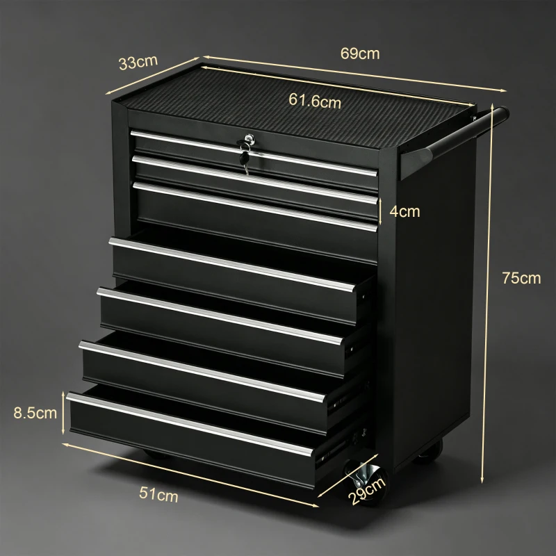 DURHAND 7-Drawer Rolling Tool Chest on Wheels, Lockable Tool Cabinet with Side Handle, Metal Tool Box Trolley for Garage, Workshop, Matte Black(m-3)