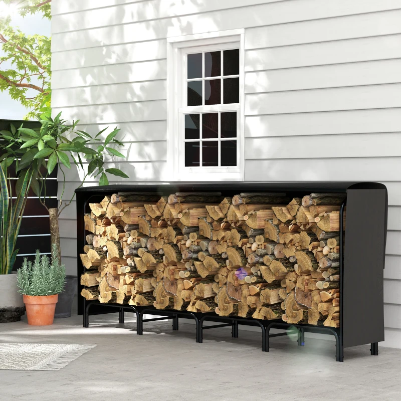 Outsunny Feuerholzgestell, 0,67 m³, mit Tragetasche & Abdeckung, Metallrahmen, bis 200 kg, 240 x 36 x 99 cm, Schwarz