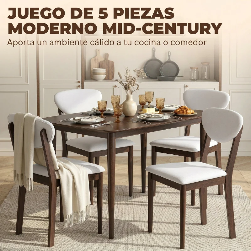 HOMCOM Conjunto Mesa de Comedor con 4 Sillas Mesa de Cocina con Sillas para 4 Personas Asiento Acolchado Crema