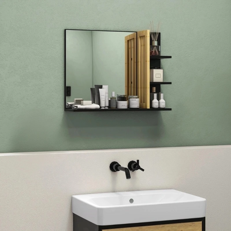 HOMCOM Oglindă de Baie Modernă de Perete cu 4 Rafturi din Lemn, 45x15x58.5cm, Negru
