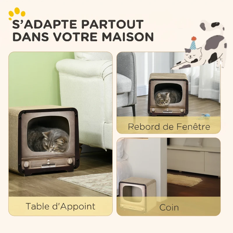 PawHut Griffoir pour Chat 2 en 1 en Forme de Téléviseur, Maison et Tapis à Griffer en Carton Ondulé, 39x29x37cm, Marron