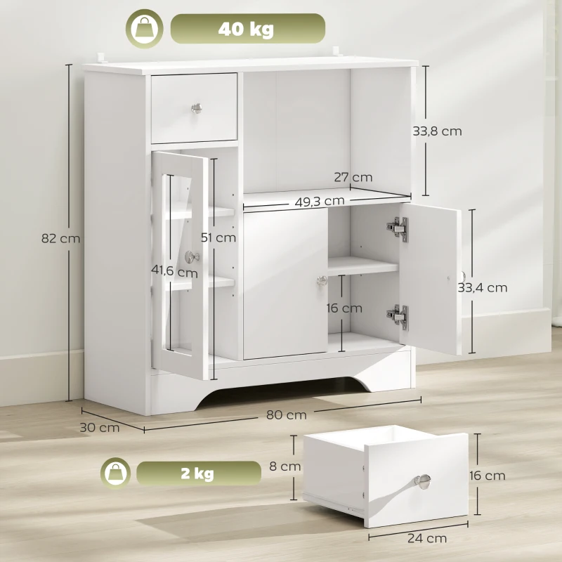 HOMCOM Aparador Moderno com Porta de Vidro Gaveta Prateleira Aberta e Prateleiras Ajustáveis Móvel Auxiliar 80x30x82cm Branco
